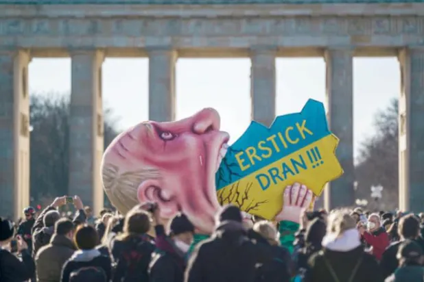 Demonstration in front of the Brandenburg Gate in central Berlin against the Russian war in Ukraine (EPA)