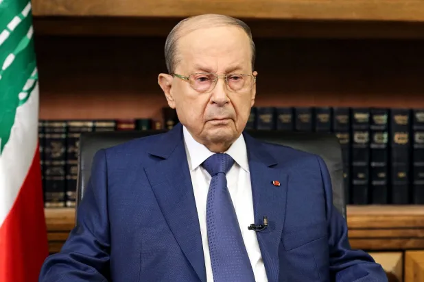 A handout picture provided by the Lebanese photo agency Dalati & Nohra shows Lebanon's President Michel Aoun giving a televised speech at the presidential palace in Baabda, east of Beirut, on May 14, 2022 on the eve of parliamentary elections. (AFP/Handout/Dalati & Nohra)