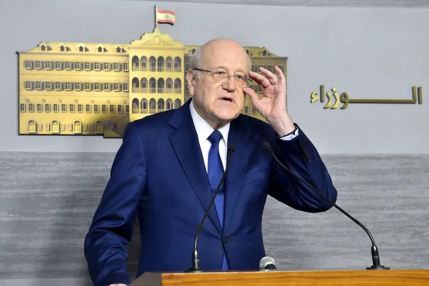 Lebanese Prime Minister Najib Mikati addressing a press conference, in Beirut, Lebanon, 20 May 2022. (Dalati & Nohra)