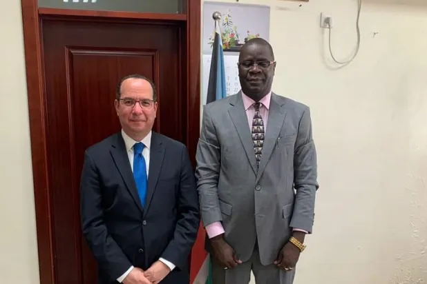 Egypt's Ambassador to South Sudan Moataz Moustafa Abdel Kader meets with South Sudan's Minister of Energy and Dams Peter Marcello. (Egyptian Foreign Ministry) 