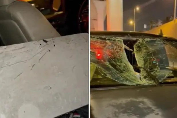 Arabaya düşen beton kaplamanın neden olduğu zararın etkilerini gösteren videodan bir görüntü