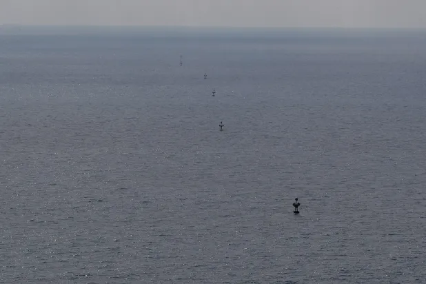 Water border marks in the Mediterranean sea next to Rosh Hanikra, near Haifa at the Israel-Lebanon border, 06 June 2022. (EPA)