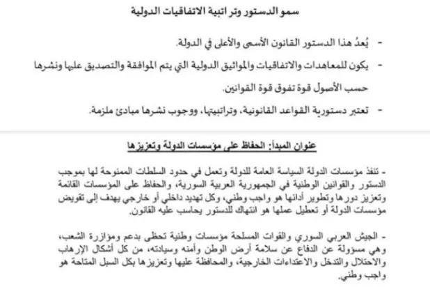 Muhalefet temsilcilerinin ve Esed rejimi temsilcilerinin anayasal ilkelerle ilgili önerilerinin yer aldığı taslak metinler.  