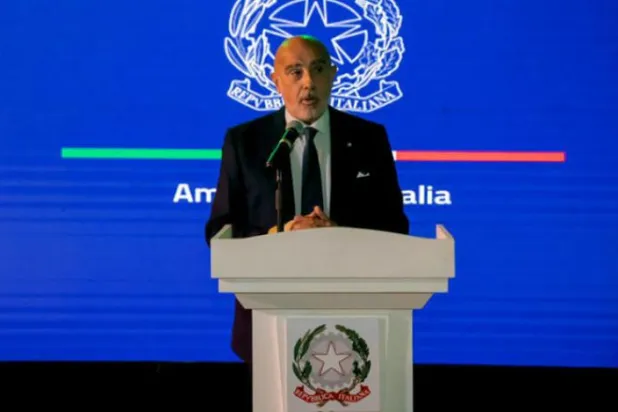 Italian Ambassador to Saudi Arabia Roberto Cantone addresses the embassy’s celebration of Italy’s National Day in Riyadh. (Asharq Al-Awsat)