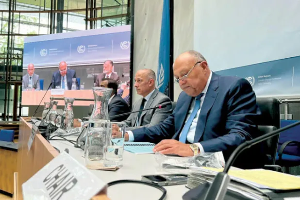 وزير الخارجية المصري سامح شكري خلال اجتماع أمس بمدينة بون الألمانية (الخارجية المصرية)