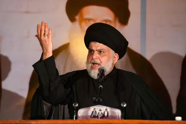 Iraqi cleric Moqtada al-Sadr delivers a speech in the southern Iraqi city of Najaf on June 3, 2022. (AFP) 