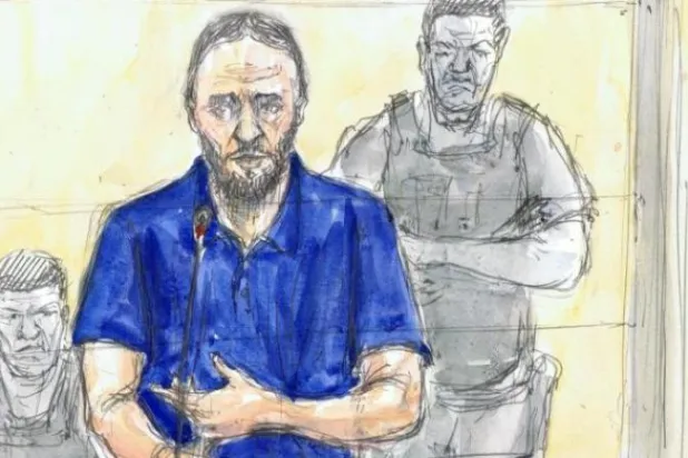 رسم يصور صلاح عبد السلام في المحكمة (أرشيفية - أ.ف.ب)