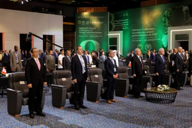 مراسم افتتاح مؤتمر البرلمانيين الشباب للاتحاد البرلماني الدولي بمدينة شرم الشيخ أمس (إدارة المؤتمر)