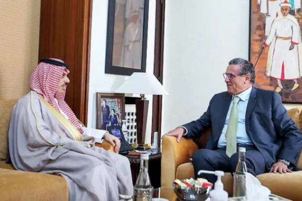 Saudi Foreign Minister Prince Faisal bin Farhan bin Abdullah meets with Moroccan Prime Minister Aziz Akhannouch. (SPA) 
