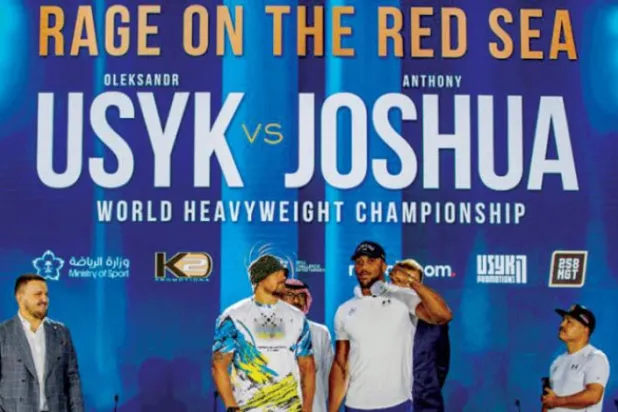 Anthony Joshua ve Oleksandr Usyk dün Cidde'de basın toplantısı düzenlediler. (Spor Bakanlığı)