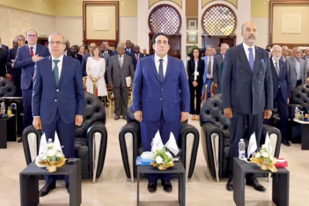 صورة وزّعها المجلس الرئاسي لتدشين رئيسه ونائبيه استراتيجية المصالحة الوطنية أمس في طرابلس