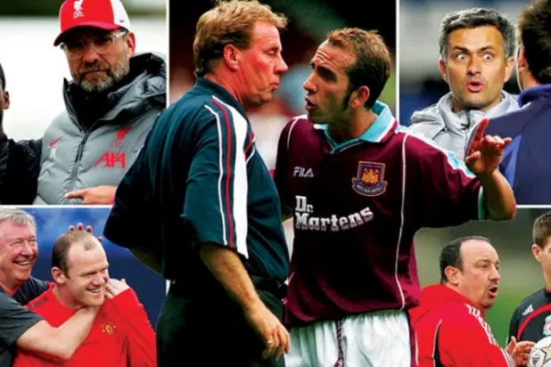 من اليمين: مورينيو مع جون تيري، وبينيتيز مع جيرارد، وريدناب يستمع إلى دي كانيو، وكلوب مع فينالدوم، وفيرغسون يضحك مع روني (غيتي)