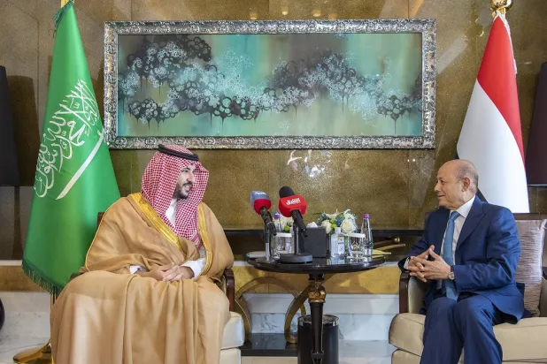 Saudi Deputy Defense Minister Prince Khalid bin Salman meets with Chairman of the Yemeni Presidential Leadership Council Dr. Rashad Al-Alimi in Riyadh. (Prince Khalid bin Salman via Twitter)