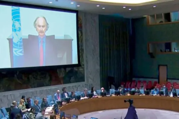 پیڈرسن سلامتی کونسل (اقوام متحدہ) سے ویڈیو لنک کے ذریعے بات کر رہے ہیں
