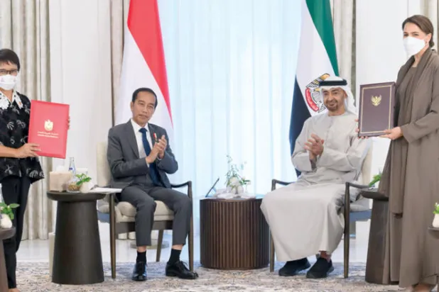 الرئيسان الإماراتي والإندونيسي خلال توقيع الاتفاقية الشاملة (وام)