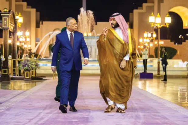 سعودی ولی عہد گزشتہ ہفتے جدہ میں عراقی وزیر اعظم کا خیر مقدم کرتے ہوئے (واس)