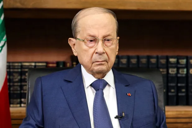 Lebanon's President Michel Aoun giving a televised speech at the presidential palace in Baabda, east of Beirut, on May 14, 2022 on the eve of parliamentary elections. (Dalati & Nohra)