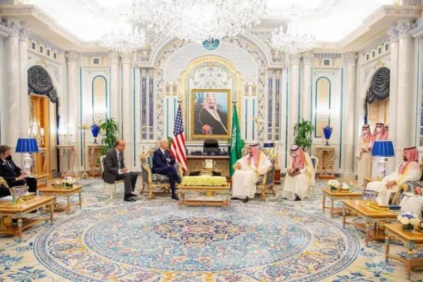 President Joe Biden with the Custodian of the Two Holy Mosques, King Salman bin Abdulaziz, and Crown Prince Mohammed bin Salman (Asharq Al-Awsat) 