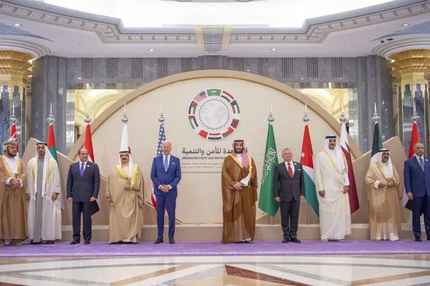 A handout photo made available by the Saudi Royal Court shows (L-R) Omani Deputy Prime Minister and the Special Representative of the Sultan Asaad bin Tariq al-Said, UAE President Sheikh Mohamed bin Zayed al-Nahyan, Egyptian President Abdul Fattah al-Sisi, King of Bahrain Hamad bin Isa bin Salman Al Khalifa, US President Joe Biden, Saudi Crown Prince Mohammed bin Salman, Jordanian King Abdullah II; Emir of Qatar Sheikh Tamim bin Hamad Al Thani, Kuwaiti Crown Prince Sheikh Mishal Al Ahmad Al Jaber Al Sabah and Iraqi Prime Minister Mustafa al-Kadhimi posing for family photo during the Jeddah Security and Development Summit in Jeddah, Saudi Arabia, 16 July 2022. (EPA)