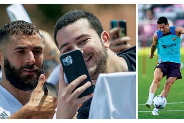 ليفاندوفسكي يأمل تقديم نفسه بأفضل صورة في أول ظهور له مع العملاق الكاتالوني (أ.ف.ب)   -  بنزيمة يلتقط صورة مع أحد المعجبين قبل تدريباته في لوس أنجليس (د.ب.أ)