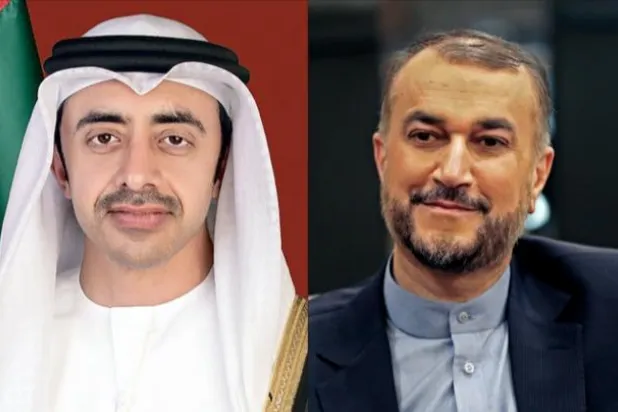 وزير الخارجية الإيراني حسين أمير عبد اللهيان (أ.ف.ب) ونظيره الإماراتي الشيخ عبد الله بن زايد (وام)