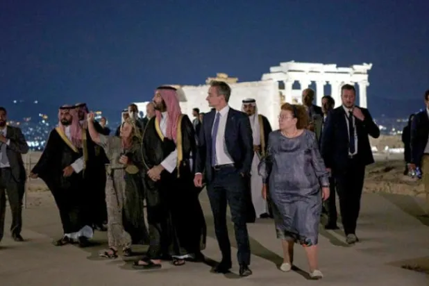 Crown Prince Mohammed bin Salman and the Greek Prime Minister at the Acropolis Museum (AP)