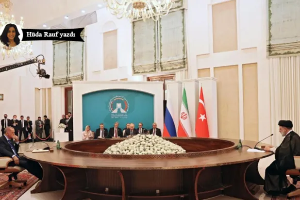 Cumhurbaşkanı Erdoğan, Rusya Devlet Başkanı Putin ve İran Cumhurbaşkanı Reisi, Tahran’daki ‘üçlü zirvede’ bir araya geldiler. (AFP) 