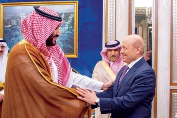 Saudi Crown Prince Mohammed bin Salman meets with Presidential Leadership Council chairman Dr. Rashad al-Alimi in April. (SPA)