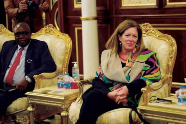 UN Secretary-General’s Special Adviser on Libya Stephanie Williams is pictured with the officer in charge of the UNSMIL, Raisedon Zenenga. (UNSMIL) 