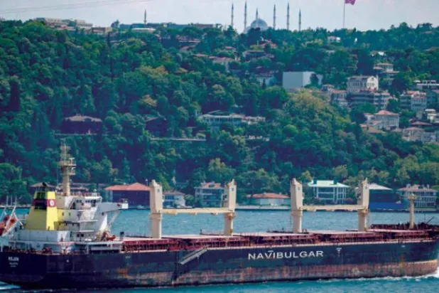 اناج سے بھرا ہوا یوکرین کا بحری جہاز "روگن" کل آبنائے باسفورس کو عبور کرتے ہوئے (اے ایف پی)