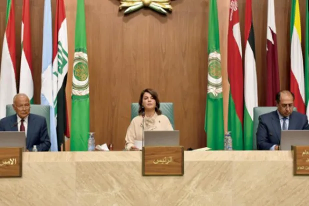 (L to R) Arab League Secretary-General Ahmed Aboul Gheit, Libyan Minister of Foreign Affairs Najla Mangoush, and Arab League Assistant Secretary-General Hossam Zaki attend a meeting of the Arab League Foreign Ministers in the Egyptian capital Cairo on September 6, 2022. (Photo by AFP)