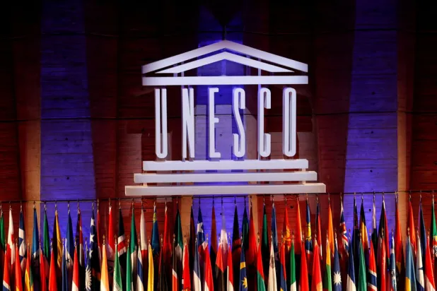The UNESCO logo is seen during the opening of the 39th session of the General Conference of the United Nations Educational, Scientific and Cultural Organization (UNESCO) at their headquarters in Paris, France, October 30, 2017. REUTERS/Philippe Wojazer/File Photo