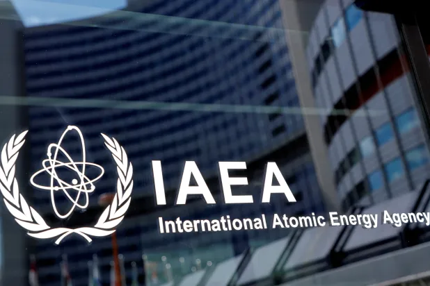  The logo of the International Atomic Energy Agency (IAEA) is seen at their headquarters during a board of governors meeting in Vienna, Austria, June 7, 2021. REUTERS/Leonhard Foeger/File Photo

