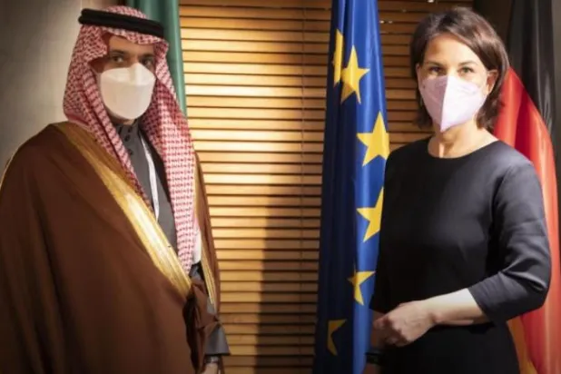 Saudi Foreign Minister Prince Faisal bin Farhan during his meeting with his German counterpart Annalena Baerbock in 2019. (Saudi Foreign Ministry)
