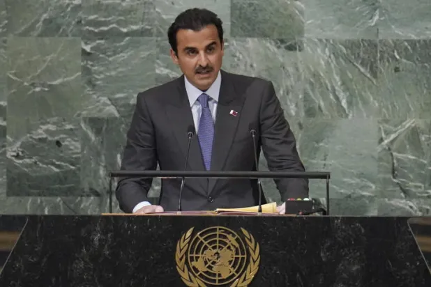 الشيخ تميم بن حمد آل ثاني أمير دولة قطر خلال كلمته أمام الجمعية العامة للأمم المتحدة (أ.ب)