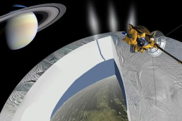 تصور فني للقمر «إنسيلادوس» ومركبة الفضاء «كاسيني» (ناسا)