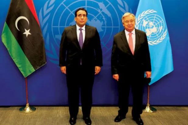 Chairman of the Libyan Presidential Council Mohamed al-Menfi meets with UN Secretary-General Antonio Guterres on Tuesday. (Menfi's press office)