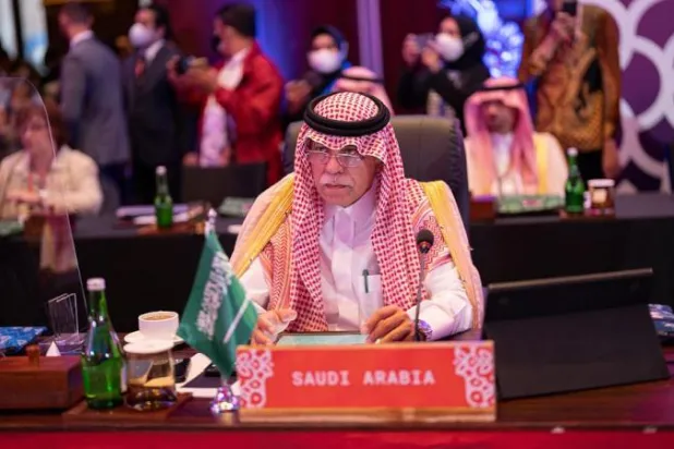 الدكتور ماجد القصبي وزير التجارة السعودي خلال مشاركته في الاجتماع الوزاري (واس)