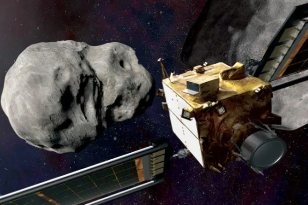 رسم تخيلي للمركبة الفضائية دارت قبل اصطدامها بالكويكب بسرعة 23 ألف كيلومتر في الساعة (أ.ف.ب)