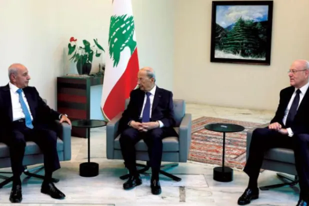 Lebanese President Michel Aoun holding a meeting with Parliament Speaker Nabih Berri and Prime Minister Najib Mikati in Baabda last August (Dalati & Nohra)