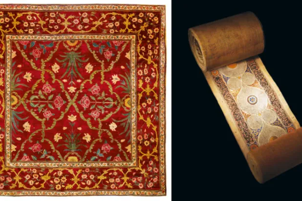 مخطوطة قرآنية من الأناضول في منتصف القرن الرابع عشر  -  سجادة من صوف الباشمينا تعود لعام 1659