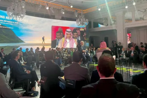 Prince Faisal bin Farhan speaking at a forum in New York (Asharq Al-Awsat)