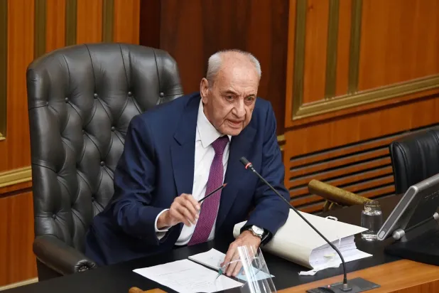 Lebanese parliament Speaker Nabih Berri speaks during a parliament session to discuss and approve budget in Beirut, Lebanon September 16, 2022. (Lebanese Parliament/Handout via Reuters)