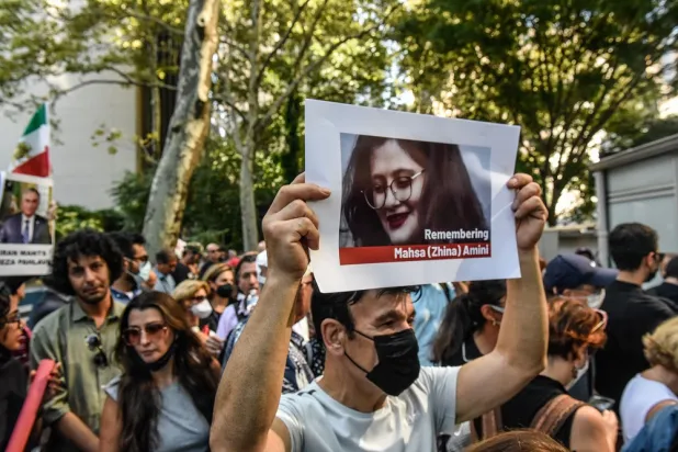 People participate in a protest against Iranian President Ebrahim Raisi outside of the United Nations on September 21, 2022 in New York City. (Getty Images/AFP)