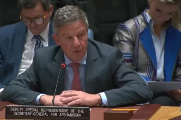 ماركوس بوتزيل متحدّثاً أمس خلال جلسة مجلس الأمن حول أفغانستان