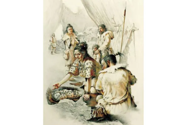 رسم تخيلي لحامل الأطفال الذي رافق الطفلة في محياها ومماتها (جامعة مونتريال)