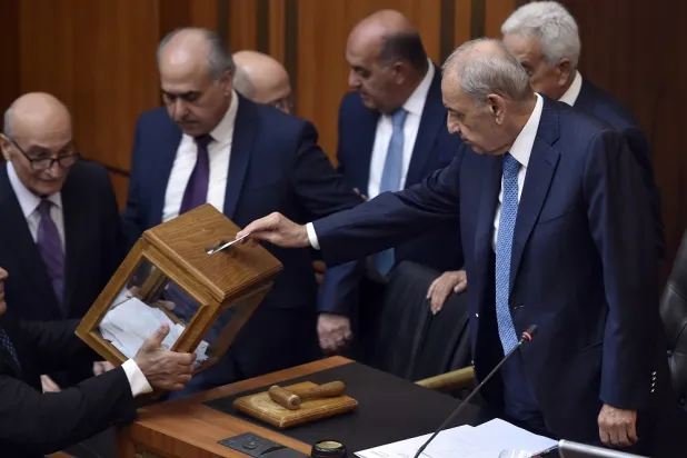 Lebanese parliament Speaker Nabih Berri casts his vote during the first session to elect a new president at the parliament in Beirut, Lebanon, 29 September 2022. (EPA)