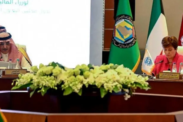 Saudi Minister of Finance Mohammed al-Jadaan with IMF Managing Director Kristalina Georgieva during the Financial and Economic Cooperation Committee of the GCC. (Asharq Al-Awsat) 