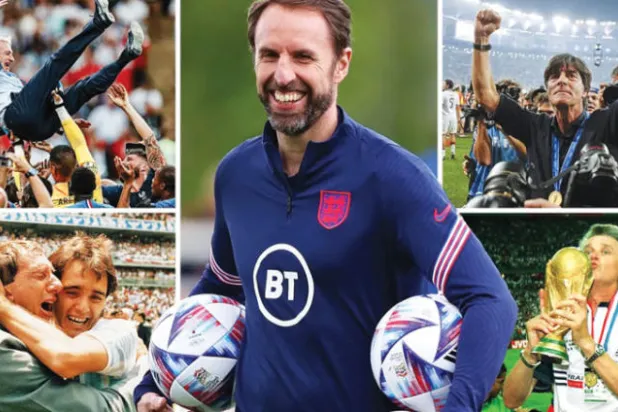 من اليمين... لوف المتوج مع ألمانيا عام 2014 وجاكيه بطل العالم 1998 مع فرنسا وبالمنتصف ساوثغيت... وباليسار ديشامب بطل 2018 مع فرنسا وبيلاردو المتوج مع الأرجنتين عام 1986 (رويترز – أ.ب - غيتي)