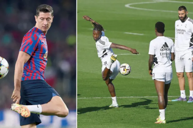 من تدريبات الريال الأخيرة استعداداً للكلاسيكو (أ.ف.ب)  -  ليفاندوفسكي إحدى أبرز أوراق برشلونة في المباراة (أ.ف.ب)